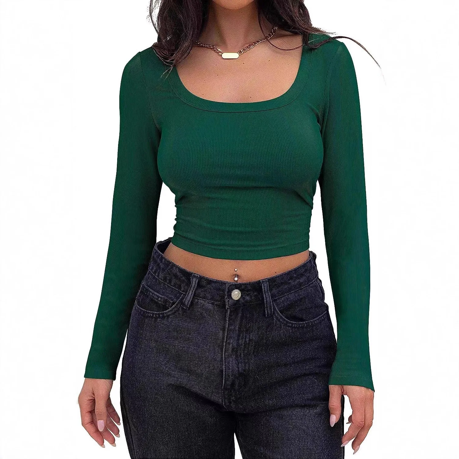 Female Thread Pit Strip Slim Short Square Neck T-shirt Female Long Sleeve TSH irt Female