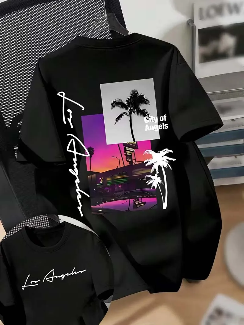 Los Angeles Palm Tree Neon Graphic T-Shirt, Men Women Tops Casual Short Sleeve Crew Neck Black Cityscape Streetwear Top