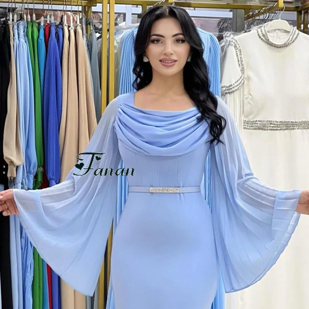 Customized Sky Blue Jersey SImple O-neck Evening Dresses Draped Chiffon Sleeves Back Low-Split Straight Ankle Length Party Dress