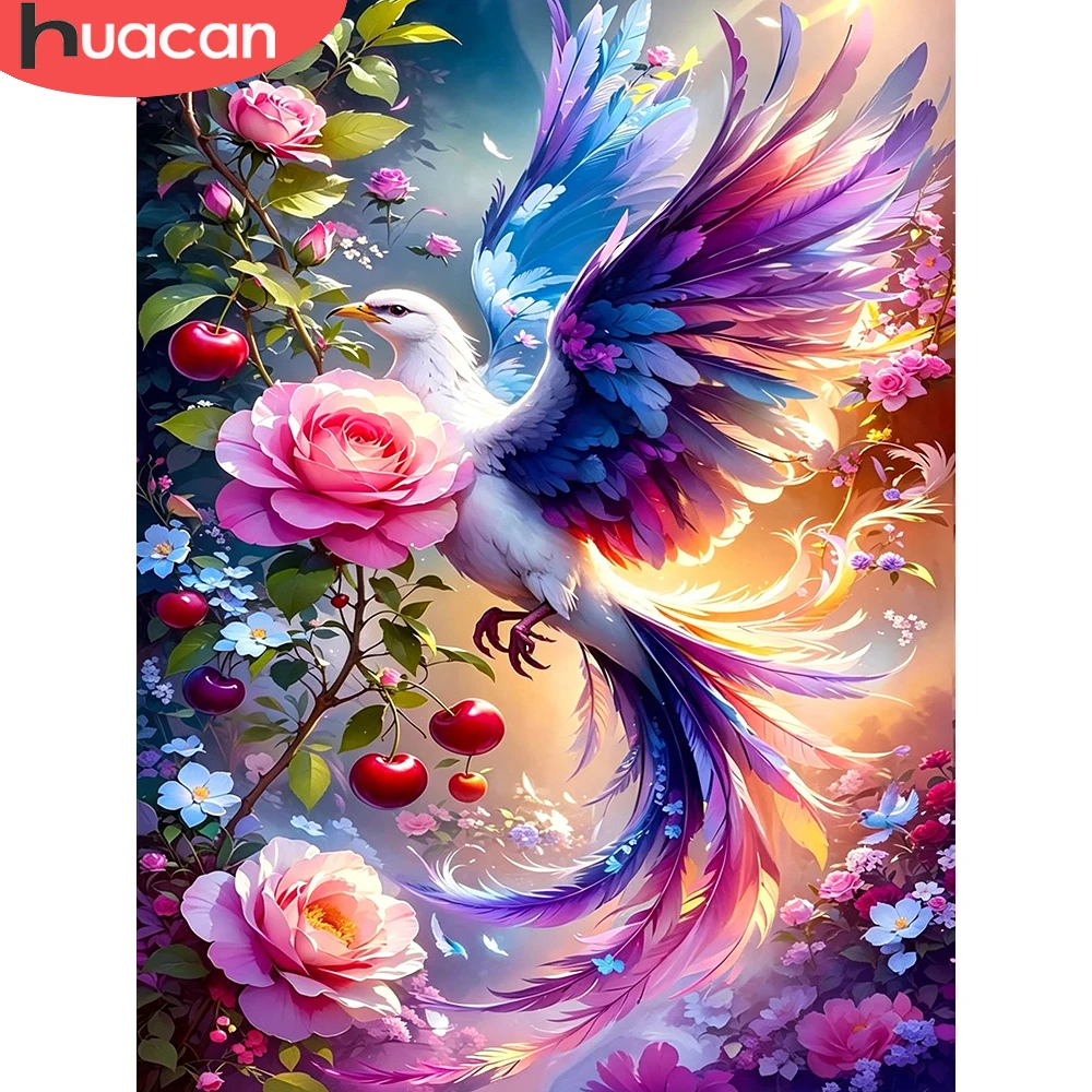 HUACAN Mosaico di Diamanti Fenice Animale in Resina con Fori Quadrati Dipinto a Mano con Rose e Peonie Quadro con Strass Arte da Parete