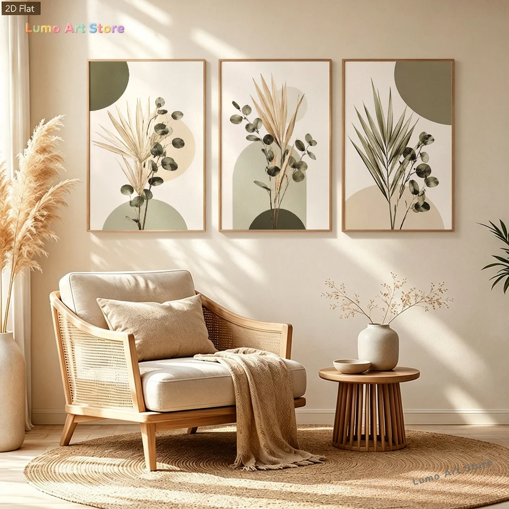 2D Flat, 2D/Flat 3pcs Bohemian Eucalyptus Palm Leaf Wall Art, Morandi Color Geometric Background Canvas Print, Minimalist Bot