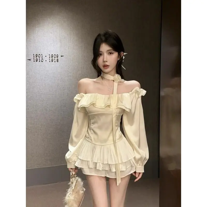 

2025 Spring Square Neck Blouse Set Women's Ruffled Bow Long Sleeve Pleated Top Mini Skirt Sweet Outfit