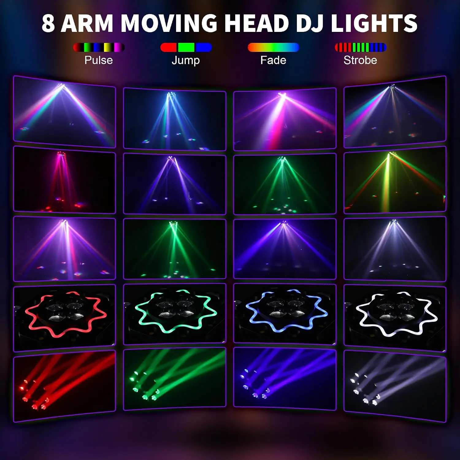 200W Disco Party Lights 8 Arm Moving Head DJ Lights RGBW LED DMX512 Sound Activated Beam Stage Light for Events Wedding Club view 3