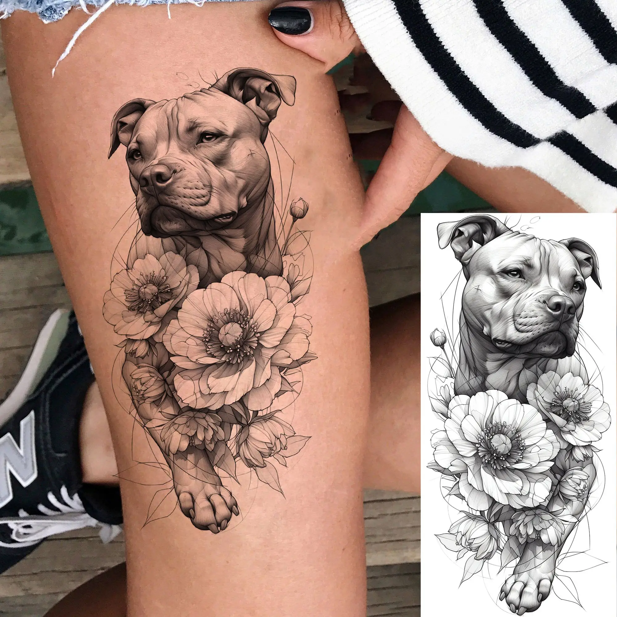 Afbeelding 6: 1 vel schildpad olifant bloemen tijdelijke tatoeages voor vrouwen meisjes schets pioenroos bloemen tatoeages waterdichte nep tattoo sticker