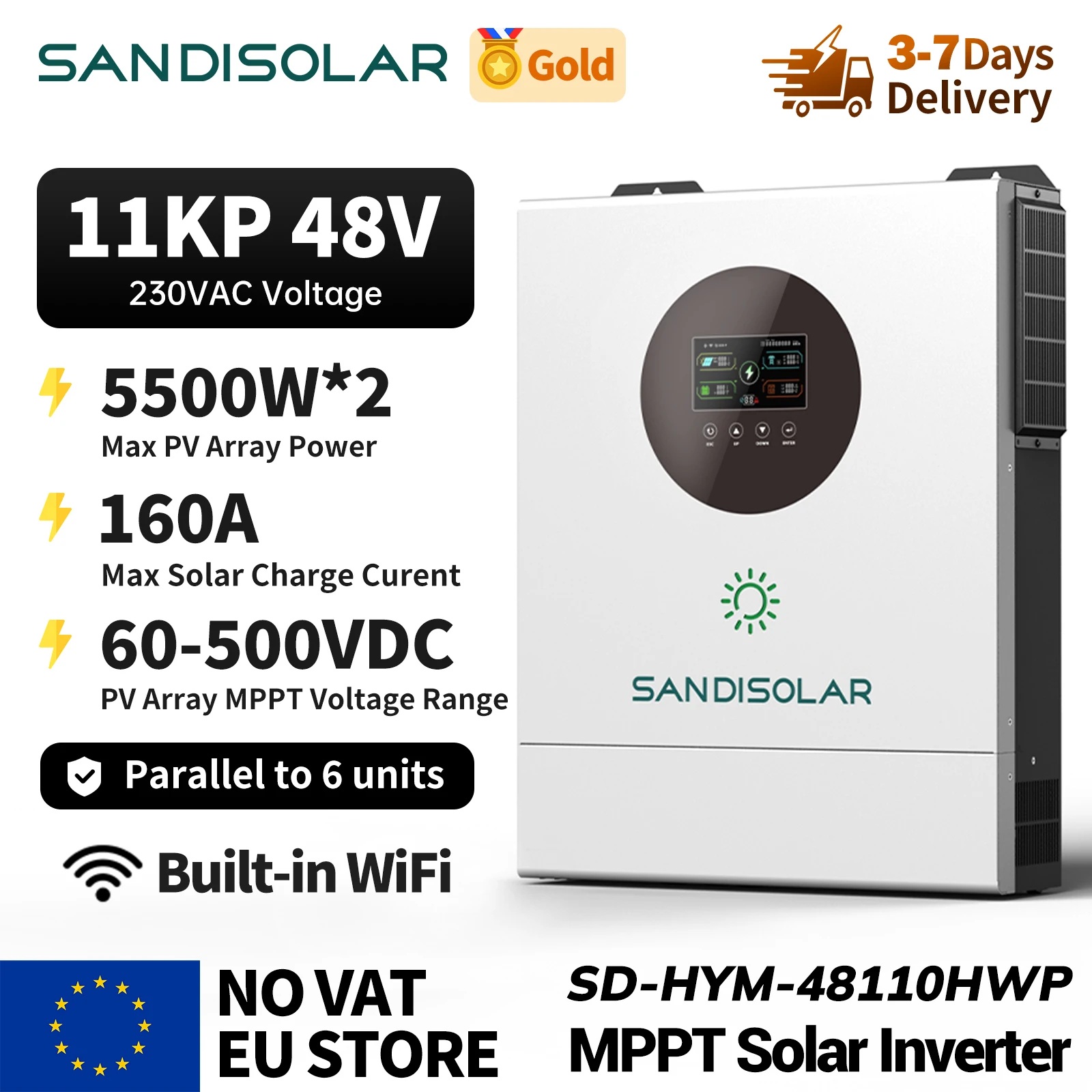 SANDISOLAR 6.2KW 11KW Parallel Hybrid Solar Inverter Pure Sine Wave Photovoltaic Inverter 48V 230VAC MPPT WiFi