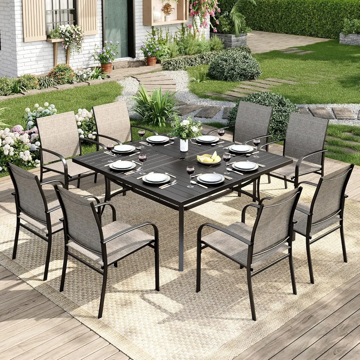 

9 Pieces Patio Table and Chairs Set, Patio Dining Set for 8, 8 Brown Textilene Chairs and 1 Large Square Patio, Customized