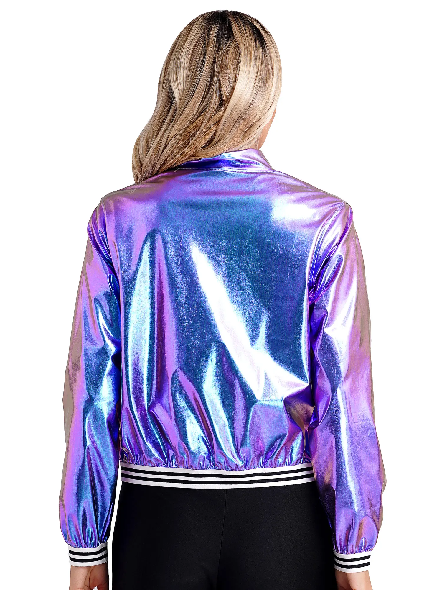 2023 Womens Holographic Metallic Shiny Bomber Jacket Casual Long Sleeve Front Zipper Striped Band Outerwear Baseball Jacket Coat