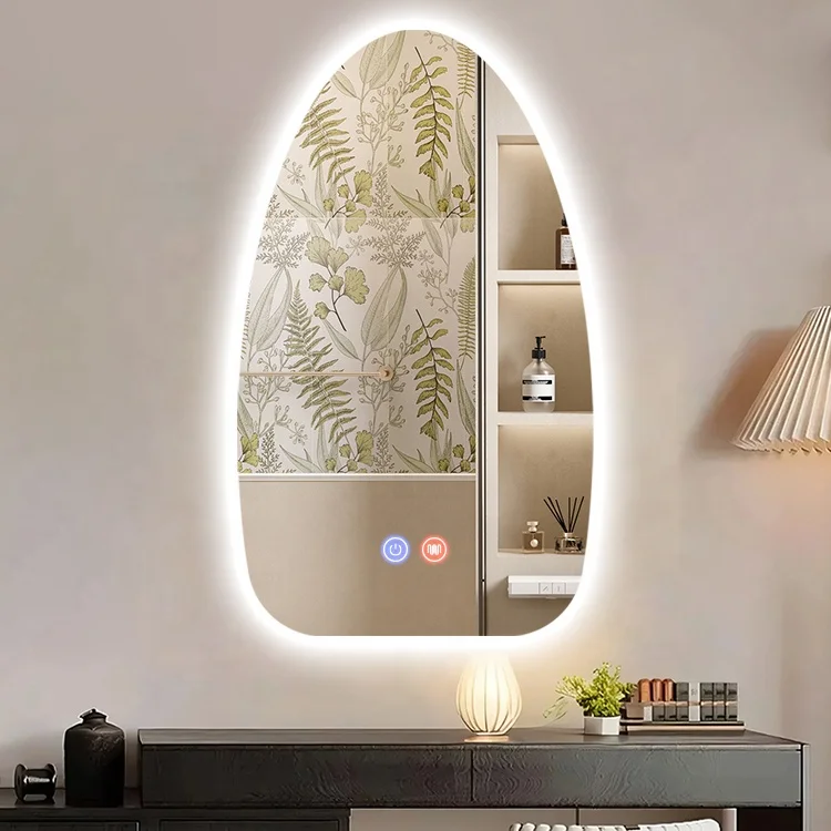 Modern silver glass frameless smart light-emitting mirror lamp pebble shape