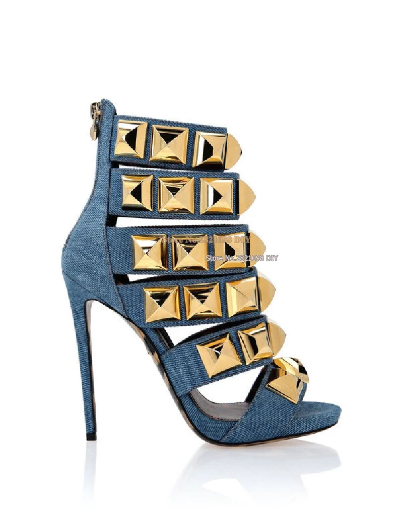 Denim Open-Toe Strap Ankle Boots with Studs Women Stiletto Heeled Summer Party Shoes Open Toe Thin Heel High Heels