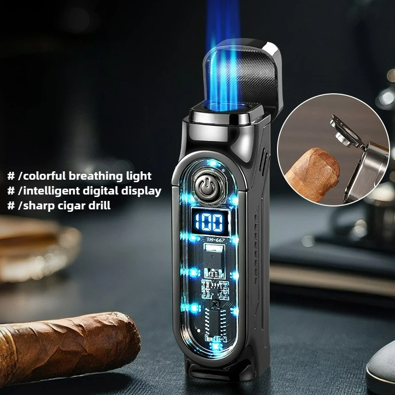 3-Jet Blue Flame Butan Gas Fackel Feuerzeug Digital Power Color Light Chip Zigarre Diamant Messer Zigarettenhalter USB Zigarre Feuerzeuge
