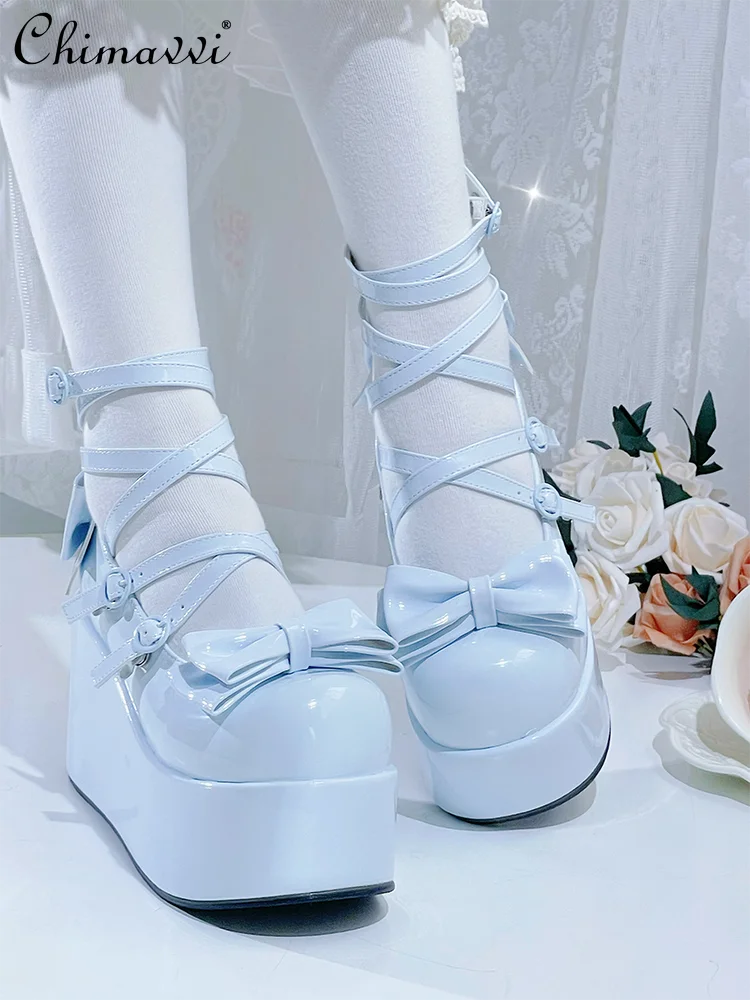 Sweet Girl Casual Lolita Platform Heels Japanese Style Kawaii Bow Round Toe Buckle High Heels Elegant Princess Leather Shoes