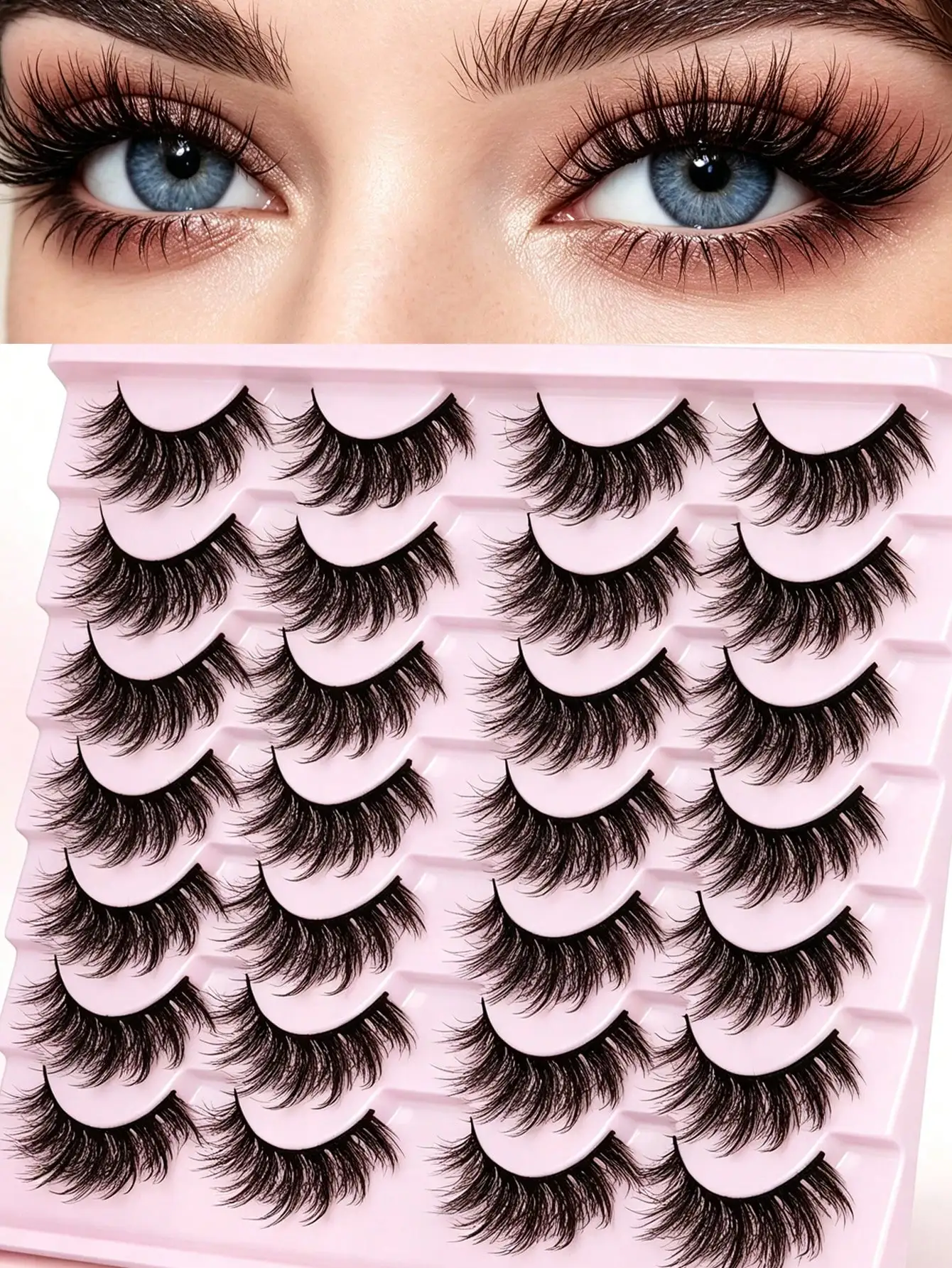 14 Paar künstliche Wimpern, natürliche Kunstnerzwimpern, flauschige, federnde Katzenaugen-Wimpern, 14 mm, 3D-Volumen-Streifen-Wimpern, Packung – Detail 1