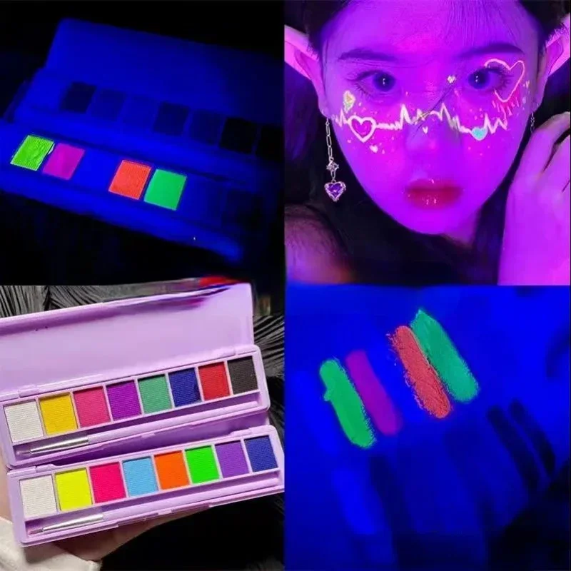 8 Color/box Water Activated Eyeliner Eyeshadow Palette UV Light Neon Reactive Eyeliner Pen Glow In Dark Eye Makeup Pigment Blue