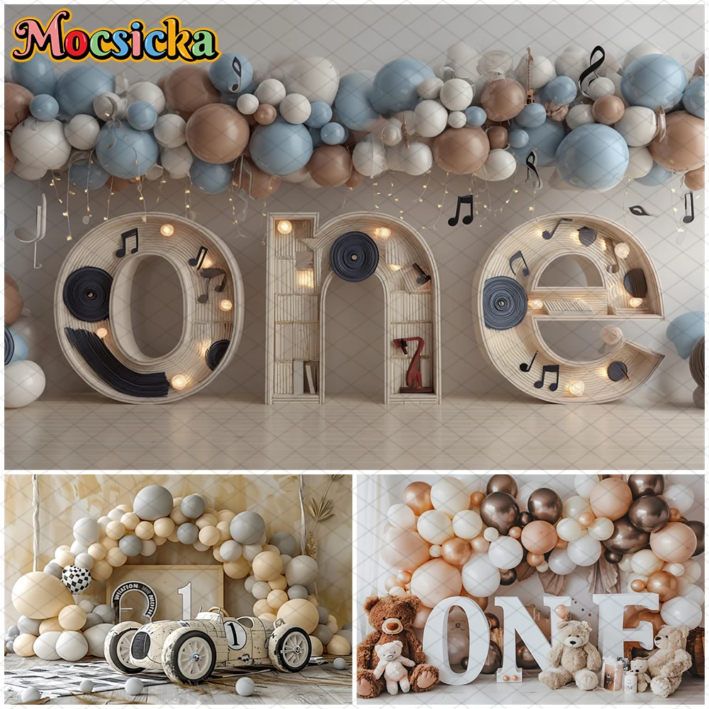 

Mocsicka One Birthday Party Background Photography Shooting Props Baby Shower Photo Backdrops Balloons Decorations Studio Banner