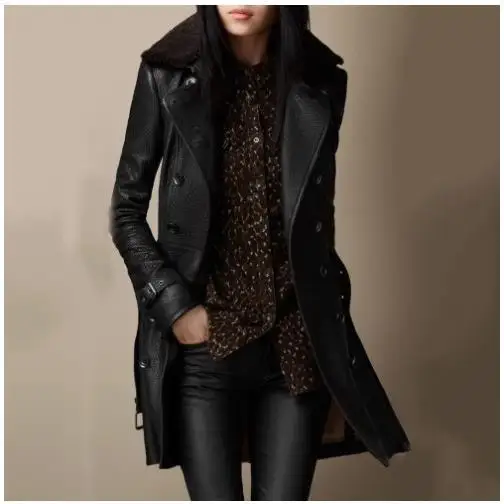 

Women's Fur Collar Leather Jaet Medium to Long Sve Cotton Coat European Sle Winter Faion Middle-Aged Women's Clothing