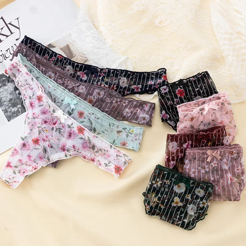 Tanga fina de encaje Floral para mujer, pantalones sexis de tiro bajo para mujer, Tanga de malla transparente, deportes, nalgas de melocotón, espalda en T para mujer