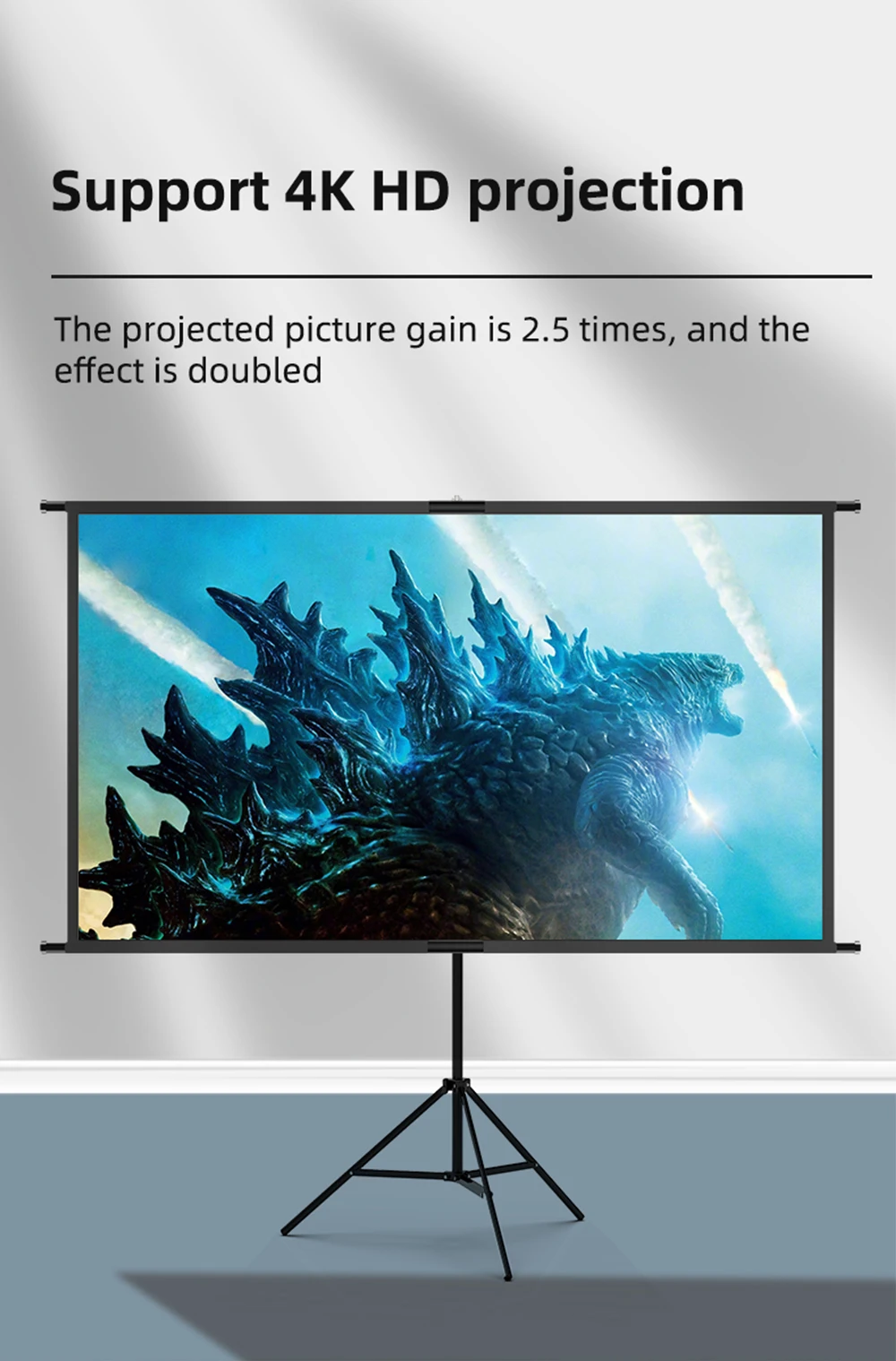 Tela de suporte triangular único de 100 polegadas. Fácil de guardar e transportar. Fácil instalação e desmontagem.