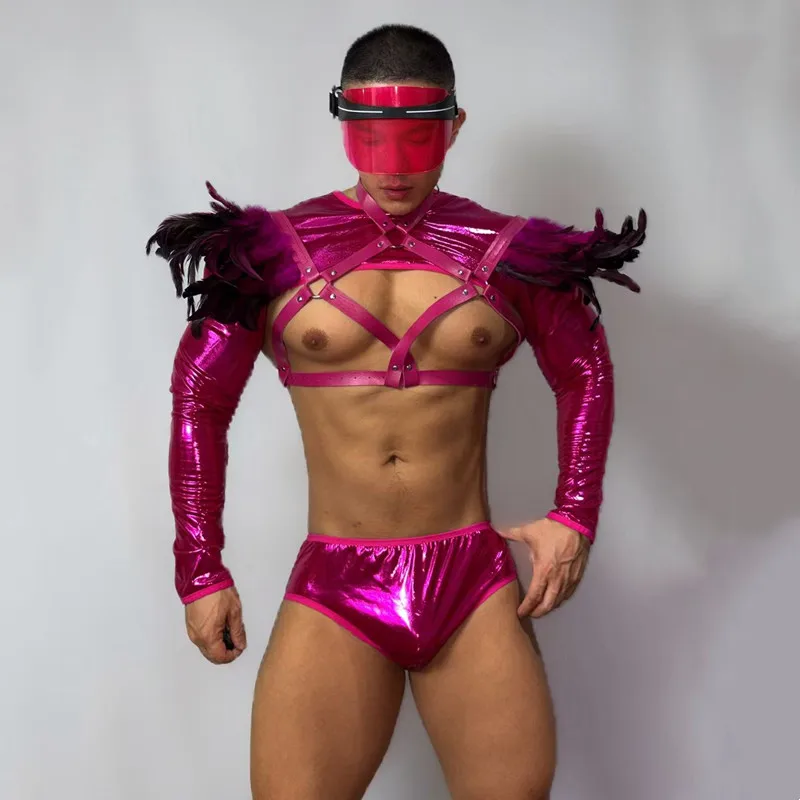 

Костюм на Хэллоуин, мужской костюм для ночного клуба, DJ, танцовщица, сексуальный лазерный кожаный комплект с розовыми перьями, карнавальная вечеринка, шоу, косплей, рейв-фестиваль, наряд