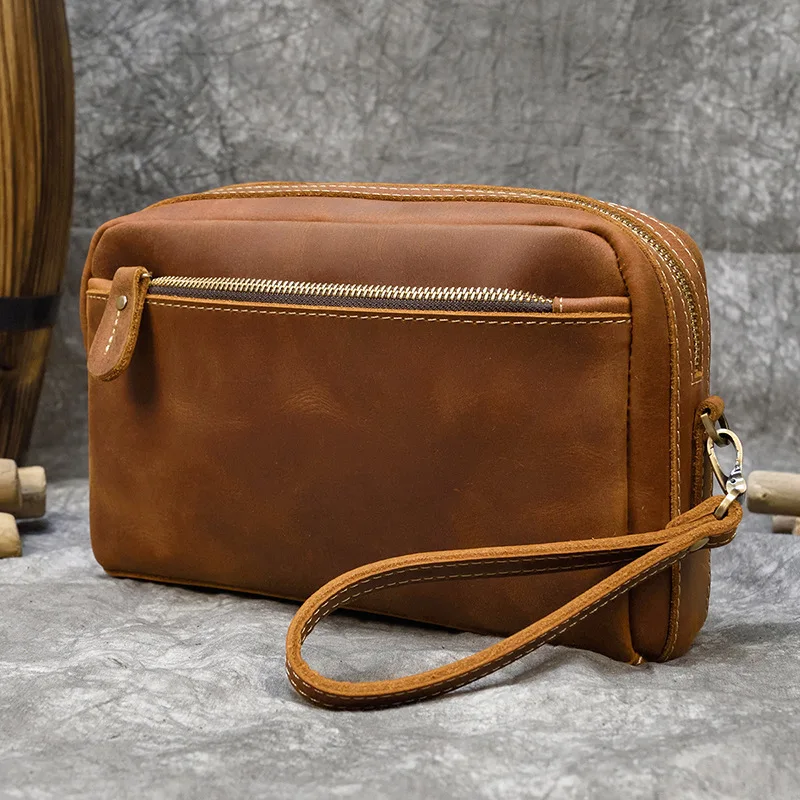 Mens Crazy Horse Leather Clutch Bag Genuine Leather Multi Functional Shoulder Bag Crossbody Bag Casual Commuter Handbag