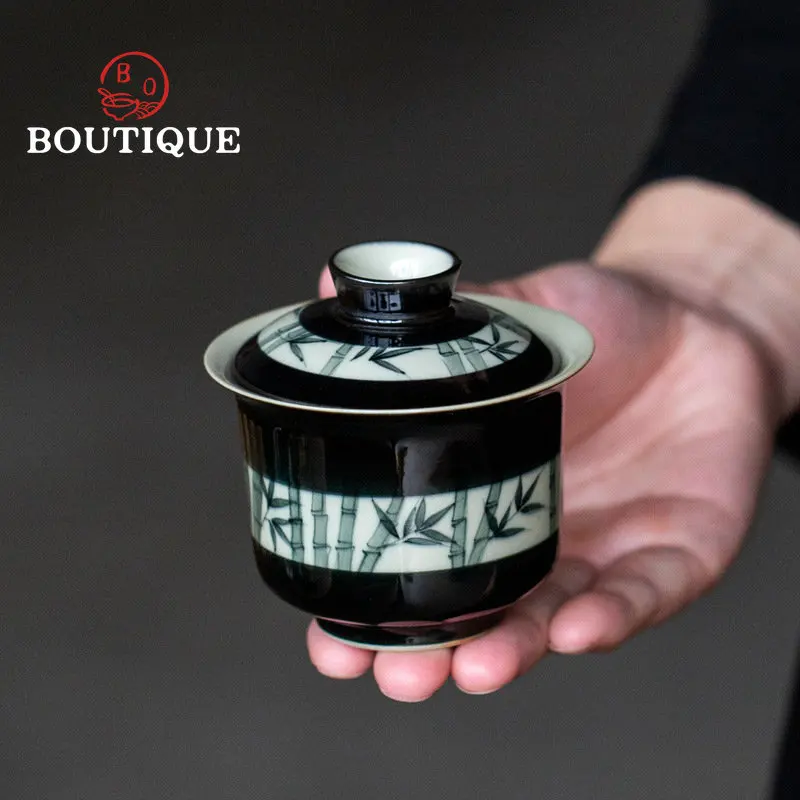 black-hand-painted-bamboo-tea-tureen-ceramic-gaiwan-small-household-kung-fu-tea-set-tea-cup-tea-maker-ercai-bowl-teaware-set