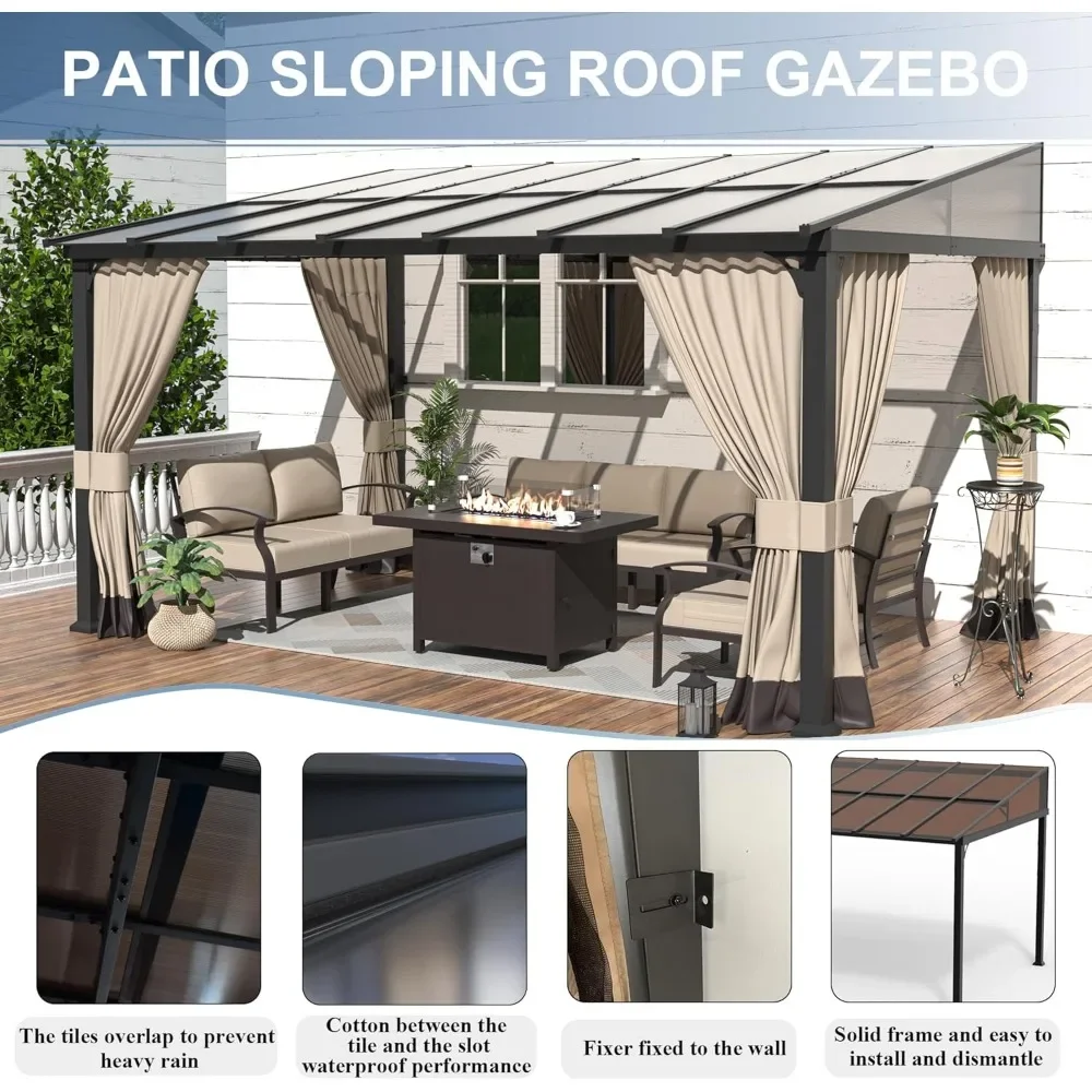 Outdoor Lean to Gazebo 10x14FT, Hardtop Wall Mounted Gazebo with Sloping Sun Panel Roof, Awnings for Patio with Metal Frame