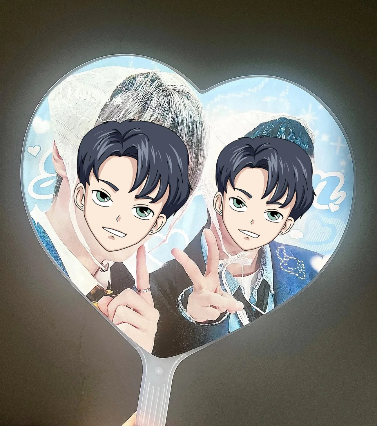 Piquete de ventilador de corazón grande personalizado, evento Kpop, aniversario, incluida cubierta protectora transparente