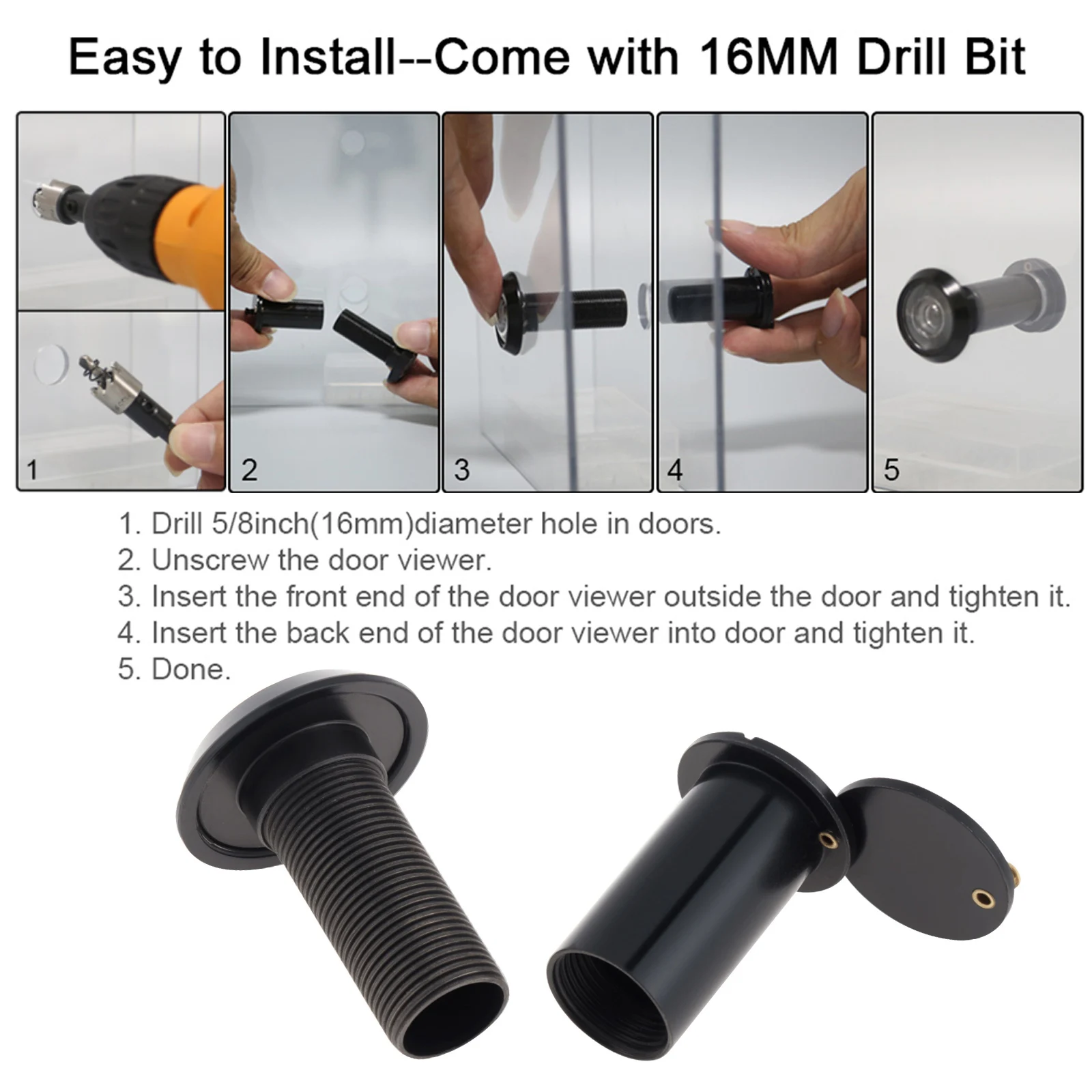 16mm 200 Degree Door Viewer Peephole Glass Lens Wide Angle Security Peek Peep Holes for 35-60mm Doors Thickness with 16mm Drill