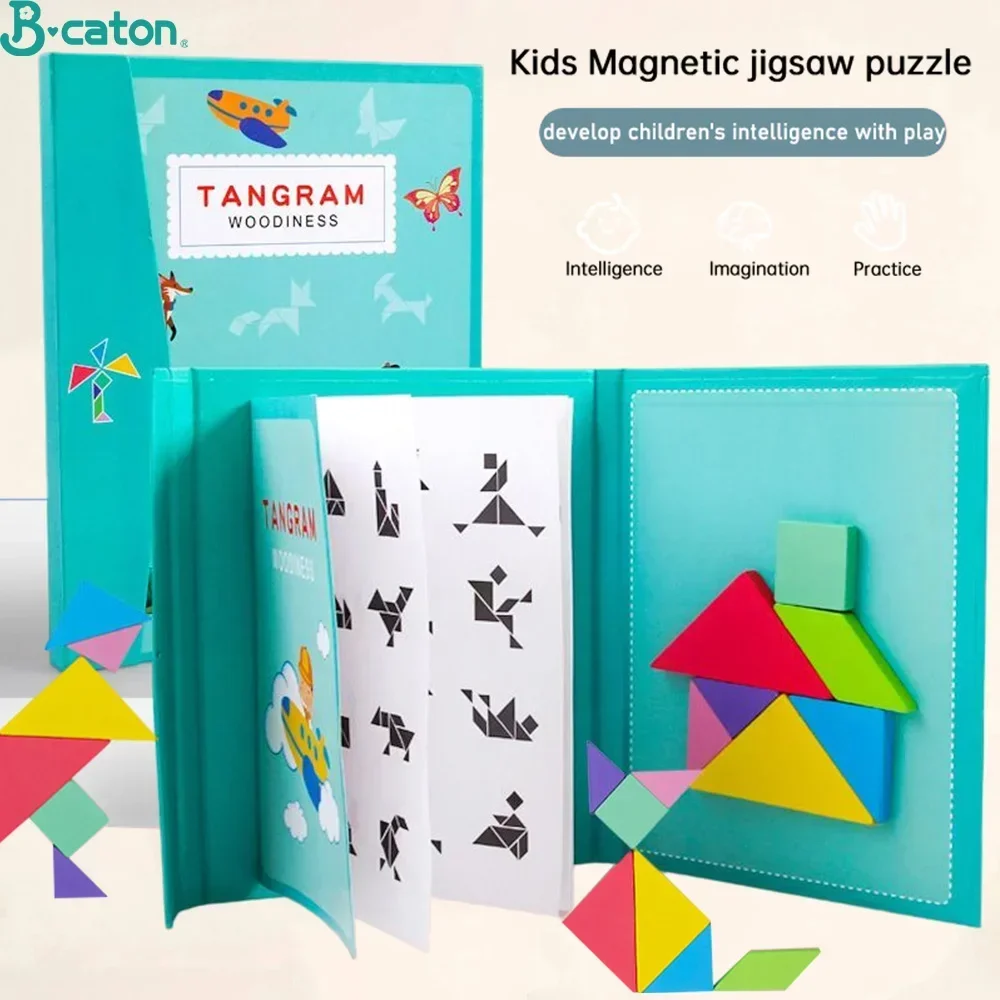 Rompecabezas magnético de madera respetuoso con el medio ambiente, juguetes para niños, Tangram 3D, juguetes de educación temprana, juegos para niños