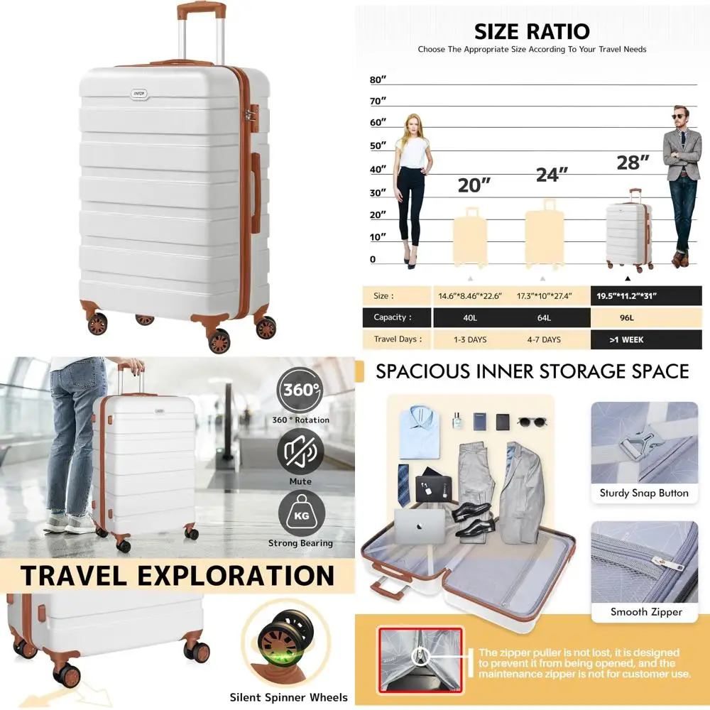 

Lightweight ABS Hardside Suitcase with TSA Lock, 4 Universal Wheels, 28 Inch, Large Size, White and Brown Options