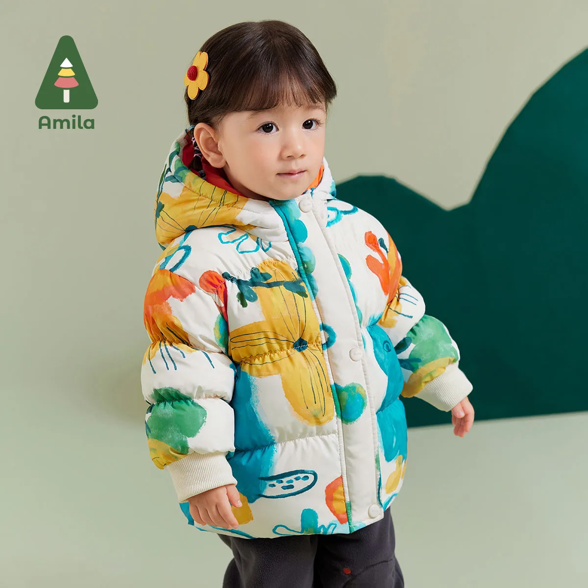 Amila Baby Girl Down Jacket 2024 Winter New Hooded Fleecing Soft Fashion Warm Printed  Baby Clothing