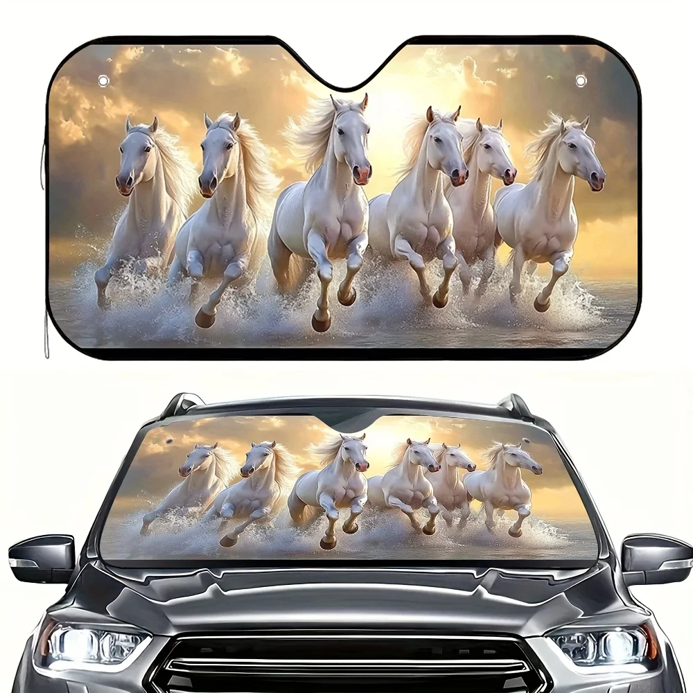 A Sunshade Featuring a Galloping Horse Design Equipped with Four Suction Cups It Is Foldable Easy to Set Up