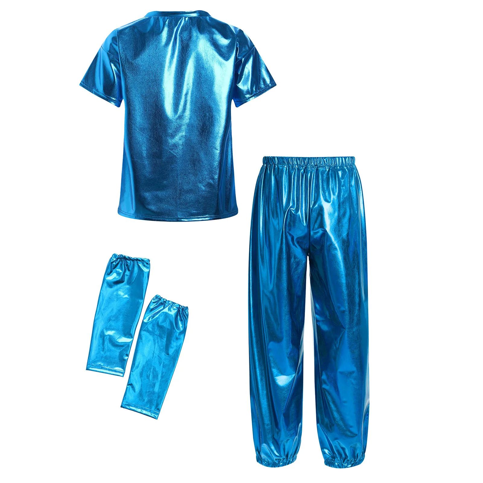 Set da ballo jazz unisex per bambini, ragazze, ragazzi, manica corta, girocollo, maglietta metallizzata lucida con pantaloni, guanti, costume da spettacolo per feste