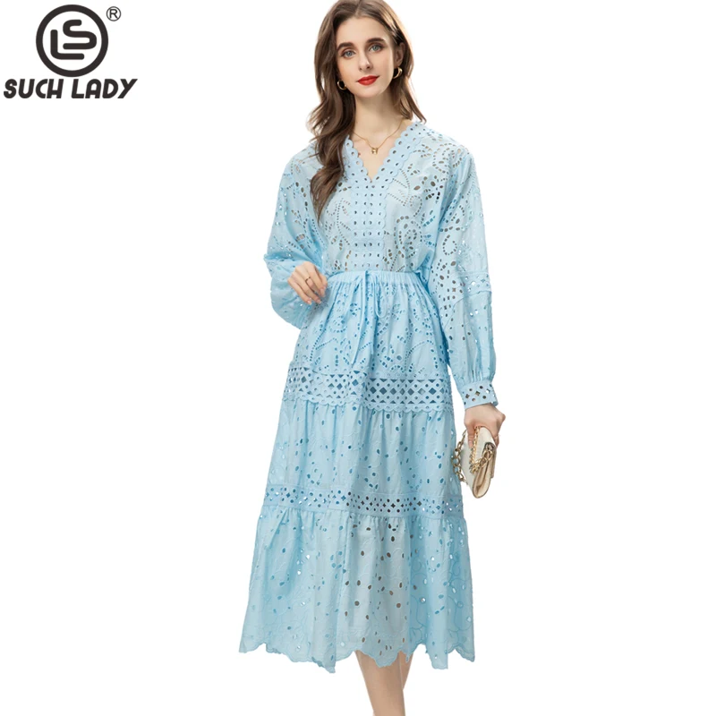 Women's Runway Designer Two Piece Dress Sexy V Neck Long Sleeves Embroidery Blouse with Hollow Out Skirt Twinset Sets