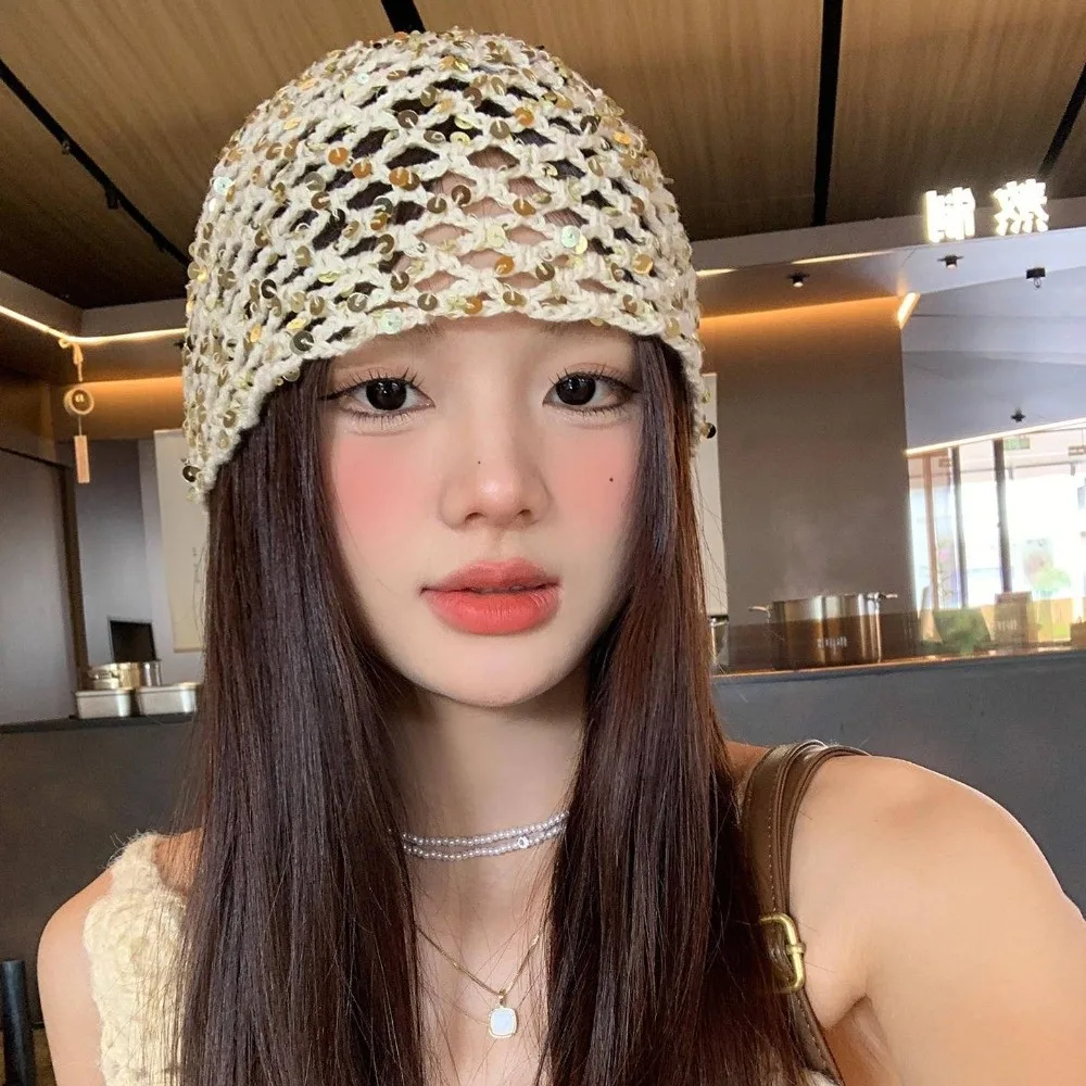 Berretto casual in tessuto con paillettes vintage Y2k Cappello a secchiello con paillettes vuote Cappelli a cuffia sottili lavorati a maglia Ragazze piccanti
