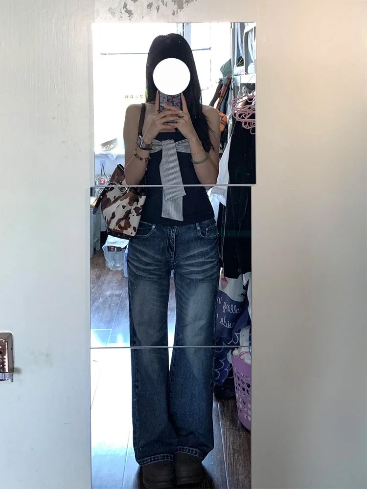 High Waist Blue Faded Waed Denim Jeans Women's Autumn Winter New Sle Pleated Slimming Straight Leg Long Pants