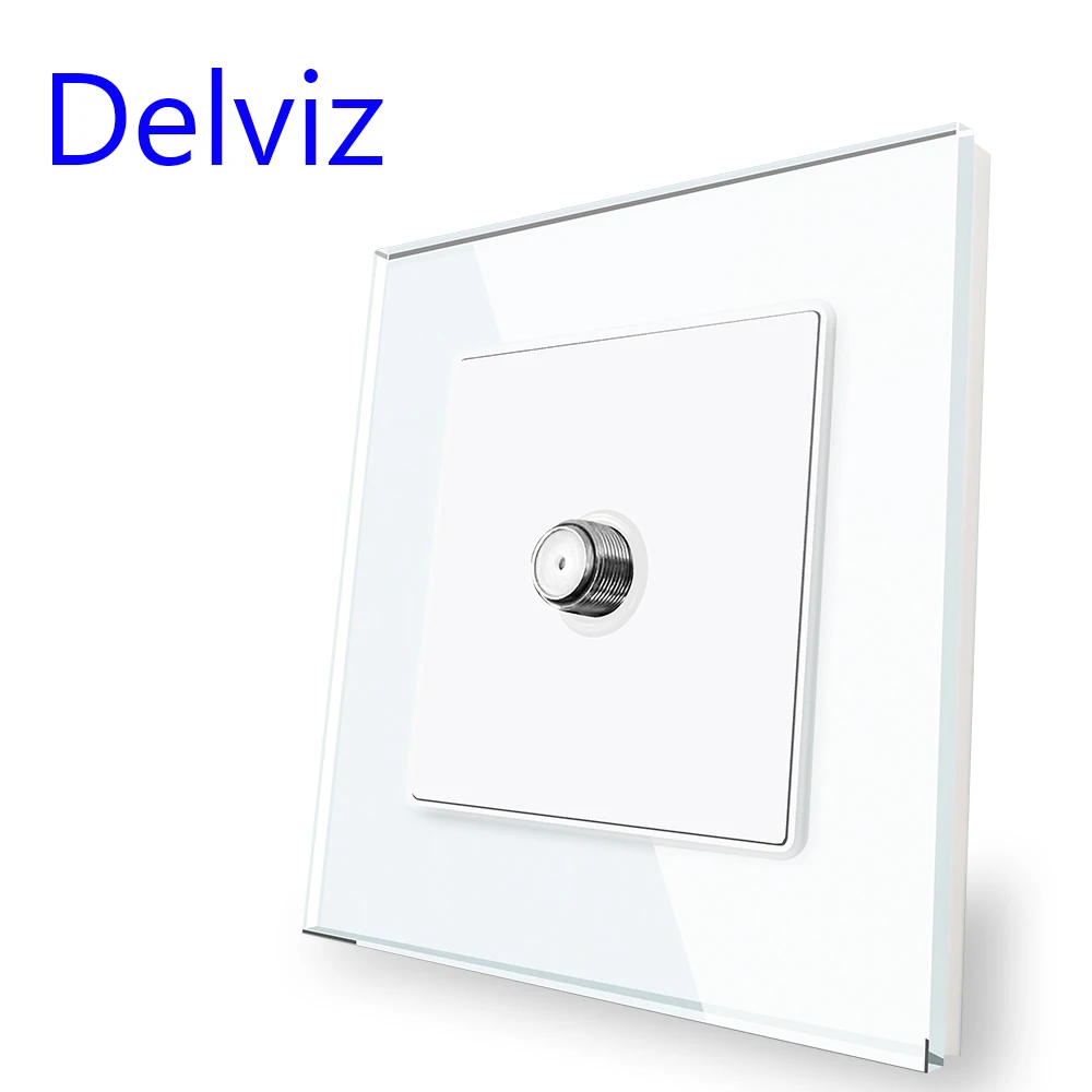 Delviz UK standard Wall satellite Socket, 86mm*86mm White New Style Crystal Glass Panel, satellite low current Outlet SATV plugs