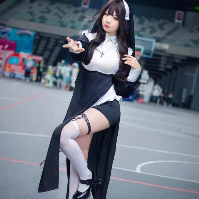 Nuevo 2025, diseño Original de Anime, uniforme de monja, vestido Sexy negro, disfraz de actuación para mujer, fiesta de Halloween D ★ AA9X
