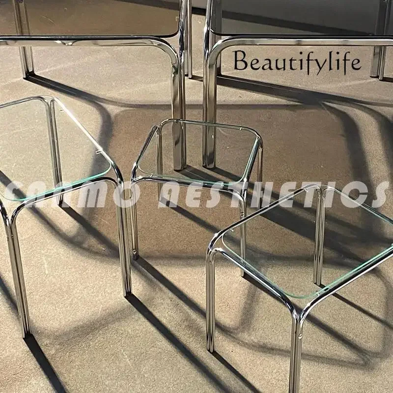 X Nordic New Minimalist Stainless Steel Coffee Table Medieval Glass Side Table Small Size Combination Side Table