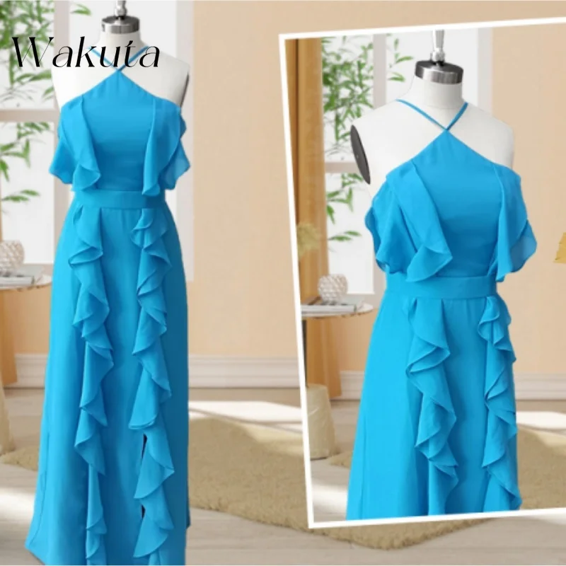 Wakuta Luxus hängenden Hals Kreuz ärmellose dünne Schulter gurt Chiffon Brautjungfer Robe A-Linie lange plissierte formelle Party Vestido