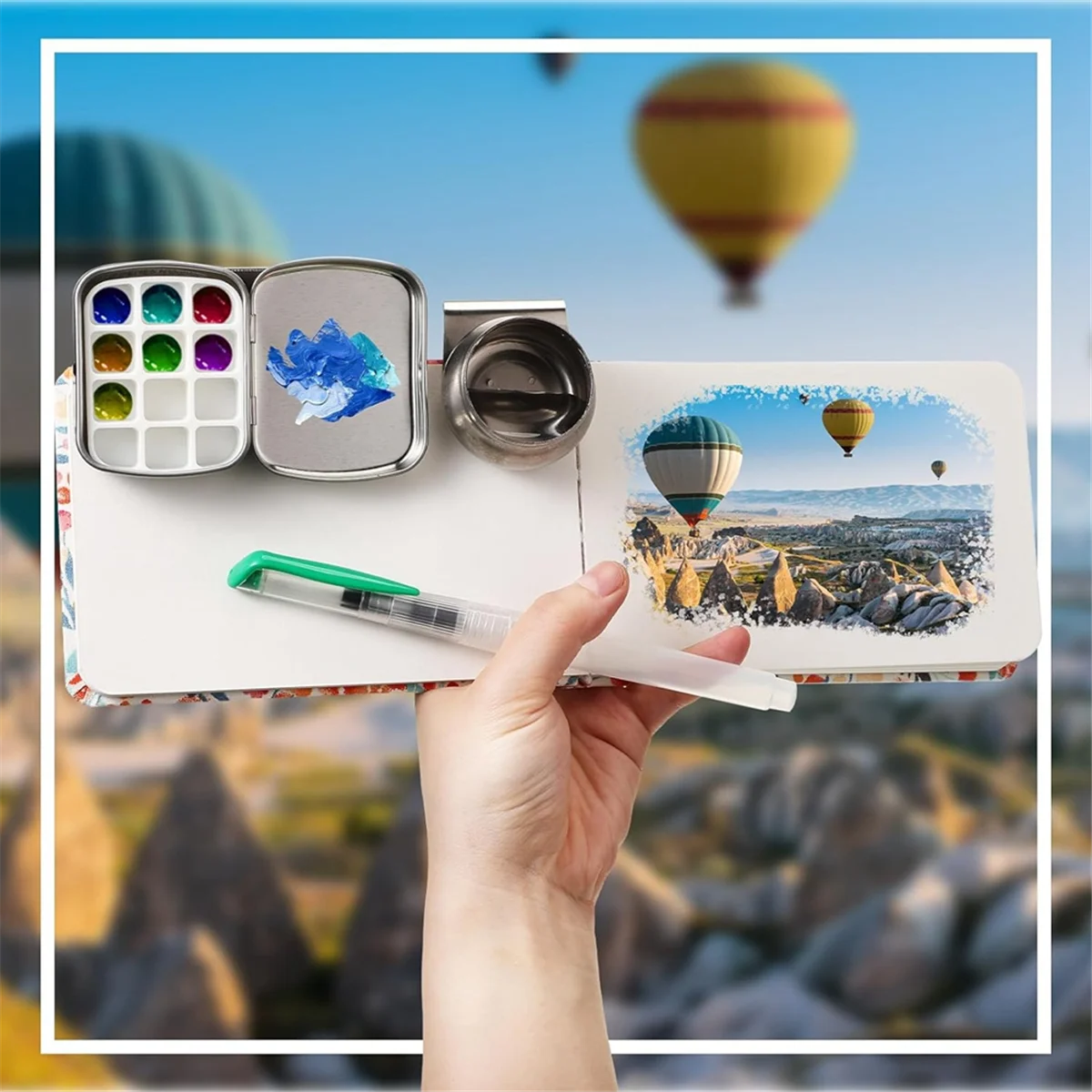 M21K 11 Piece Tin Box, 12 Empty Watercolor Palettes, Artist Brushes with Protective Case, Sketching Watercolor Kit