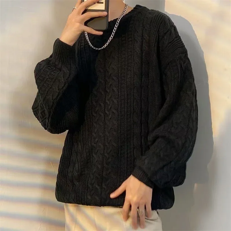 Fried Dough Twists Knitted Round Neck Casual Sweater New Product in Autumn and Winter Solid Loose Knitted Sweater Men's Top