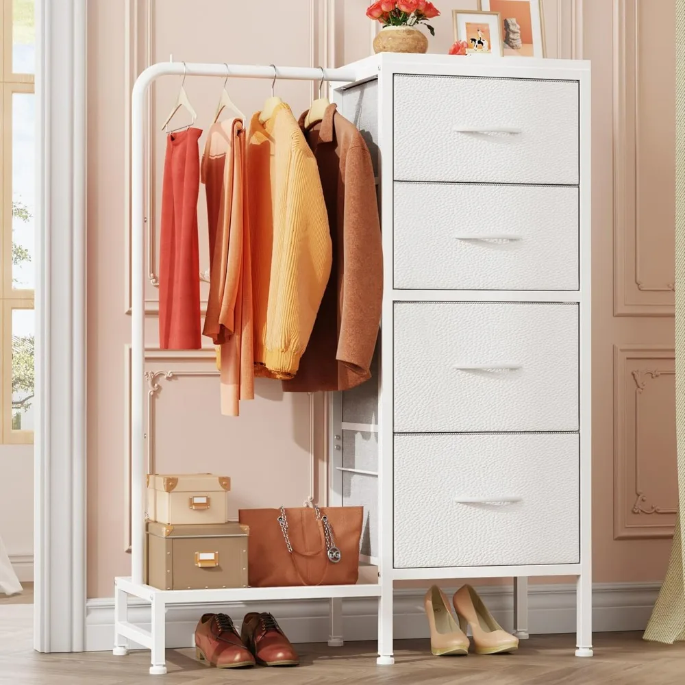 

Dresser with Hanging Rack, Dresser 4 Drawers, Kids Dresser Reversable for Closet with Clothes Rack, Tall Chest of Fabric Drawers
