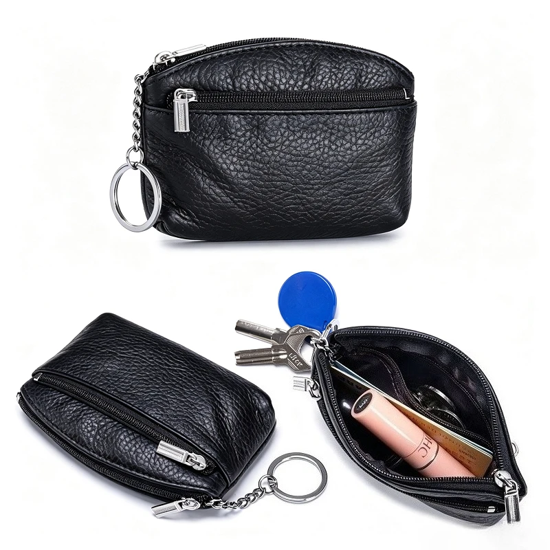 Compact Genuine Leather Key Chain Coin Pouch, Zipper Closure Mini Wallet Holds Coins ID Cards Lipstick Tiny Items