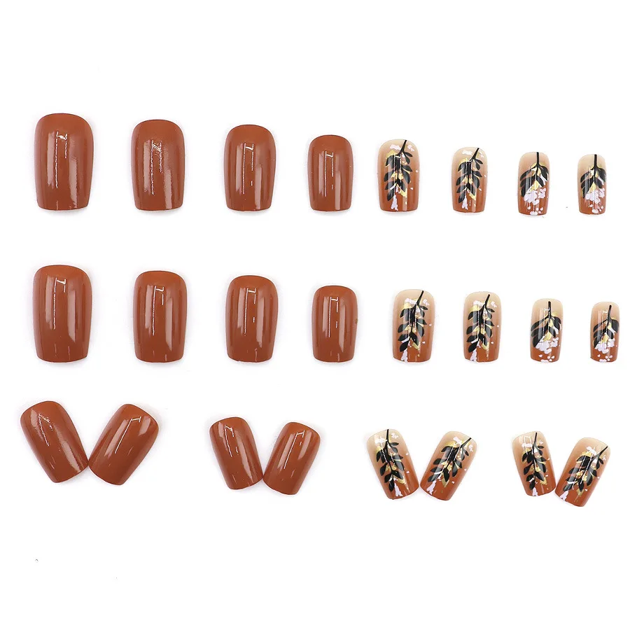 Medium fake nails for women girls red Birds tree Green golden black leaf design Square nail tips press on false nail art set