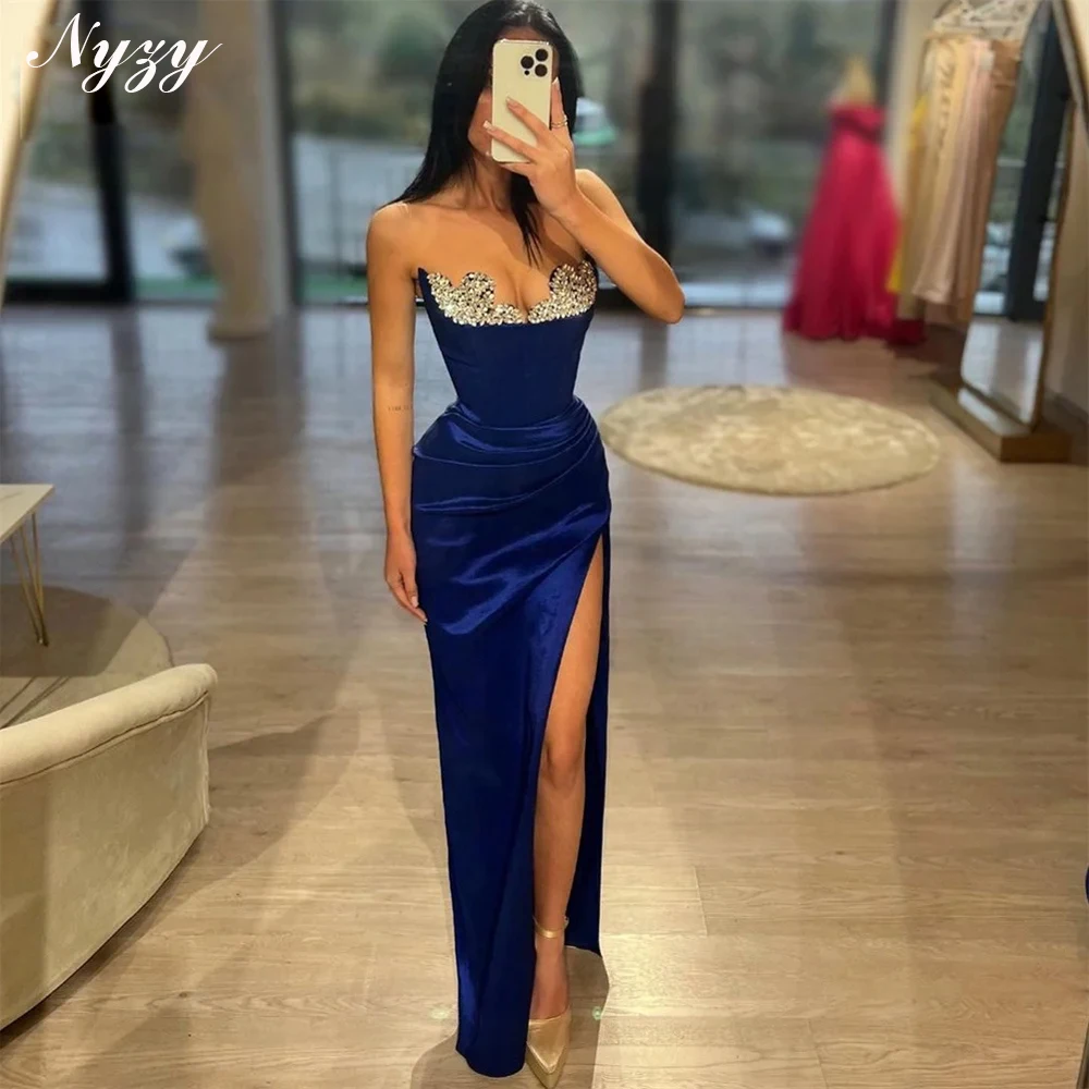 

NYZY E600 Customized Satin High Slit Blue Best Selling Evening Dresses with Crystals Stones Sexy Party Prom Gowns 2025