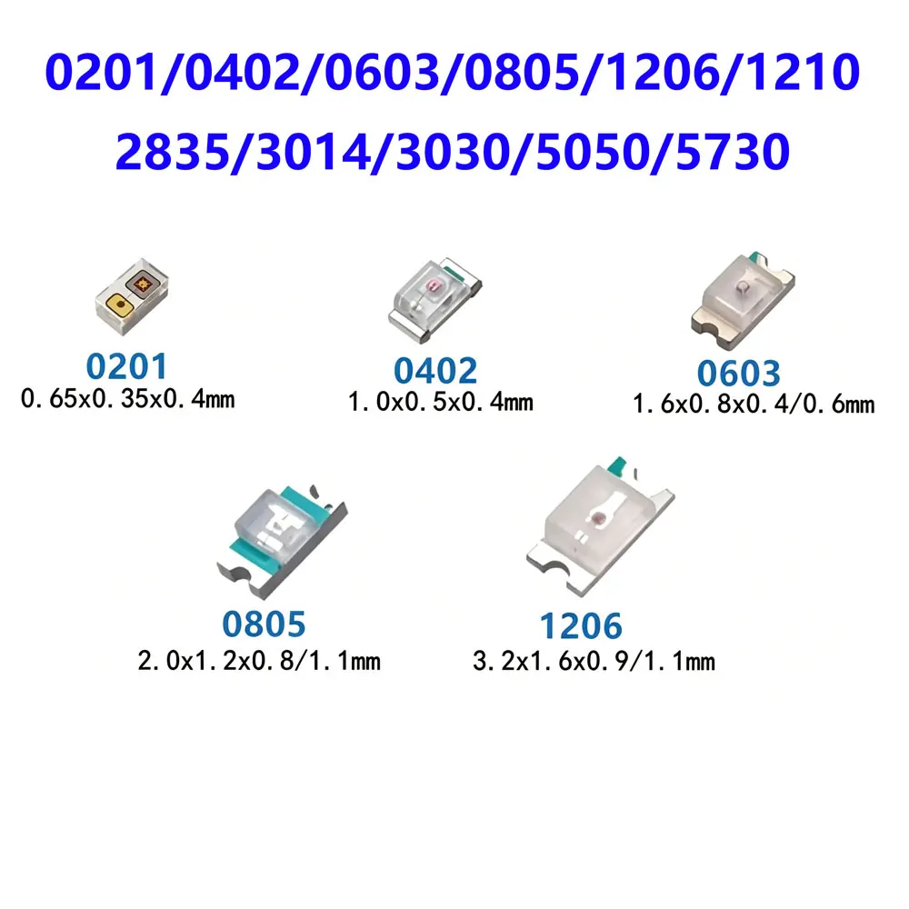 100 шт. 3В 0201 0402 0603 0805 1206 1210 2835 3030 3014 5050 5730 Красные, синие, желтые, оранжевые, белые, теплые белые, зеленые светодиоды