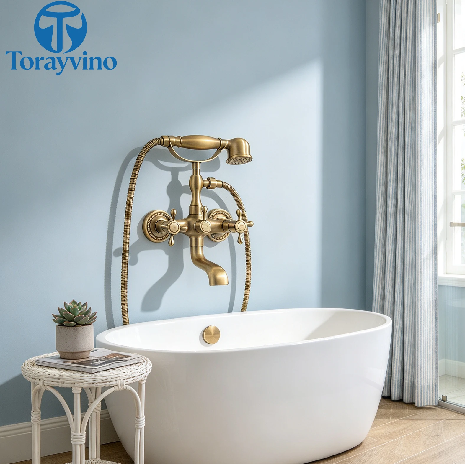 Torayvino Bathroom Antique Brass Bathtub Shower Faucets Set Wall Mounted Bath Shower Set 360 Swivel Tub Spout Cold Hot Mixer Tap
