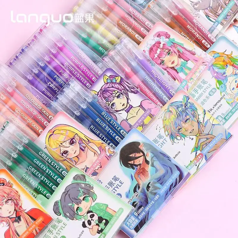 9Pcs/Box Languo Multi-Color Handbook Pen 0.5mm Morandi Color Gel Pen Students Writing Painting Drawing Marker Pens Stationery