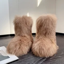 Luxury Brown Pink Real Fox Fur Solid Color Flat Snow Boots Ladies Round Toe Warming Slip On High Top Leisure Mid-calf Boots