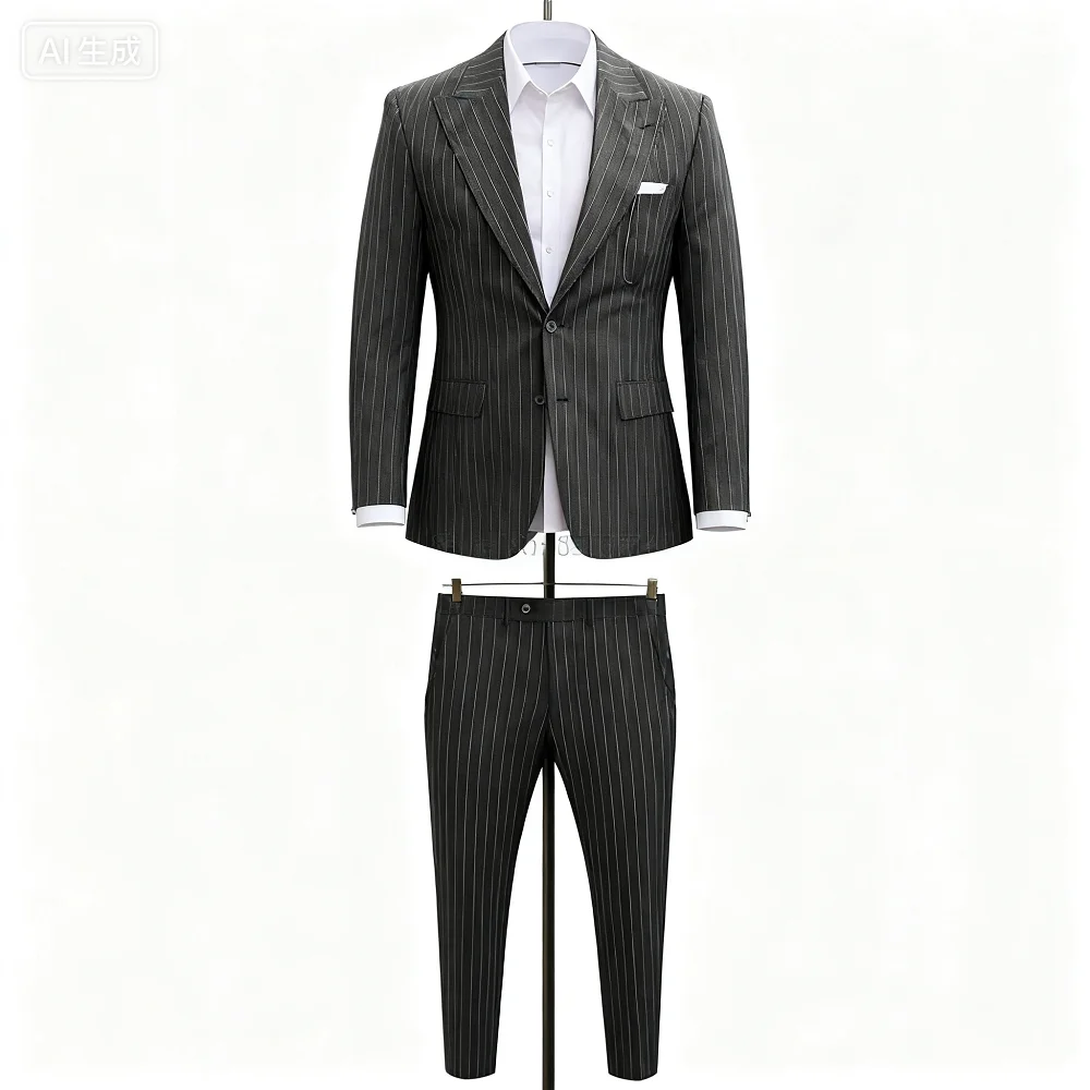 

Slim Fit Pinstripe Smoking Suit for Men Peaked Lapel Tuxedo 2-Piece Blazer And Pants Wedding Groomsmen Formal Wear